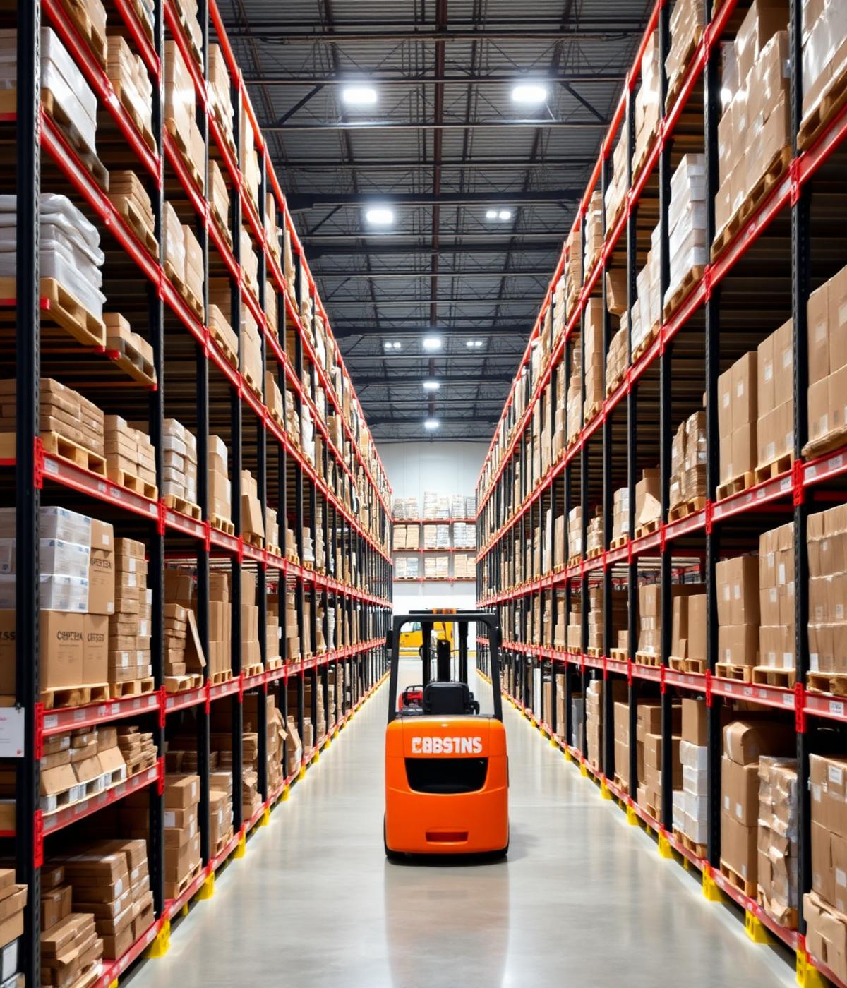 Metal Dynamics warehouse aisle with forklift